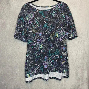 WOMAN Within 18 20 Top Shirt Black Paisley Short Sleeve Round Neck High Low P21